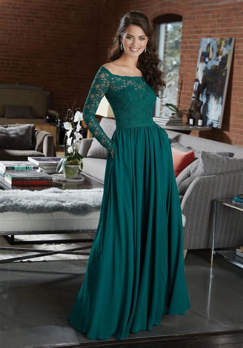 Check out bridesmaid hairstyles for any hair length here. Long Sleeve Lace and Chiffon Bridesmaid Dress | Style 21582 | Morilee