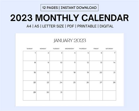 2023 Monthly Calendar Landscape Printable Calendar Template
