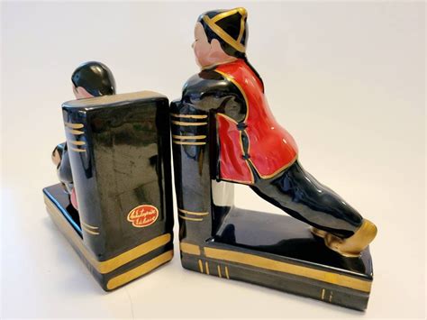 2 Vintage Asian Ceramic Bookends Pair Chinese Boys Black Red Etsy