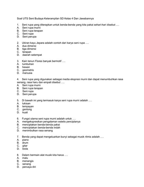 Soal Essay Seni Budaya Kelas 7 Semester 2 Dan Jawabannya  Soal Dan