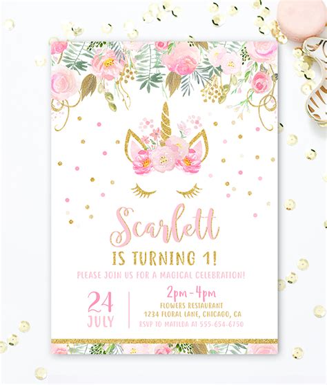 Unicorn Floral Printable Birthday Invitation With Matching Thank You