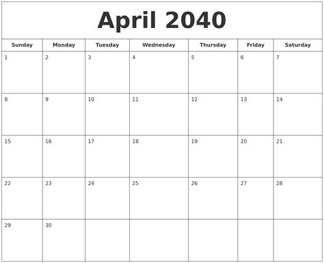 April 2040 Printable Calendar