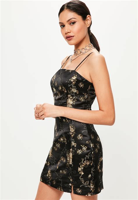 Lyst Missguided Black Silky Brocade Square Neck Bodycon Dress In Black