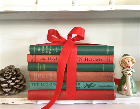 Red And Green Vintage Book Stack Rustic Holiday Christmas Mantel