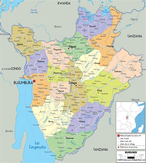 Burundi, landlocked republic in eastern africa, bounded on the north by rwanda, on the formerly ruled by tribal monarchies, the area that is now burundi was colonized by germany in the late 19th. Political Map of Burundi - Ezilon Maps