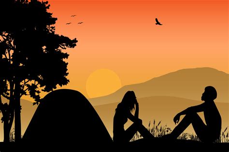 Silhouette Of Camping With Couple By Curutdesign