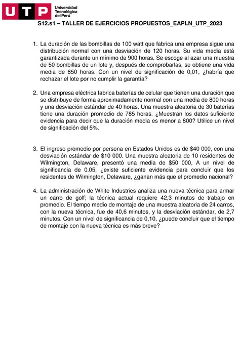 S12 S1 Taller DE Ejercicios Propuestos Eapln UTP 2023 S12 TALLER