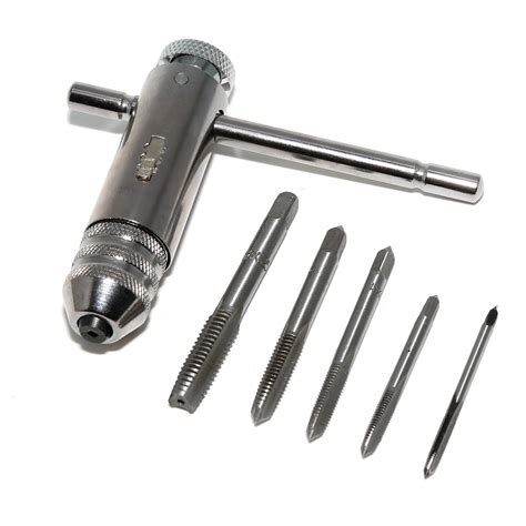 M3 M8 T Handle Ratchet Tap Wrench Machinist Tool 5pcs Screw Tap Hand