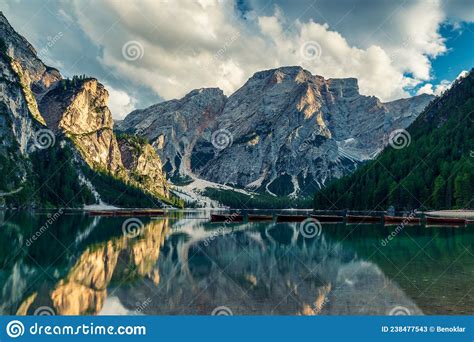 Braies Lake The Largest Natural Dolomite Lake Italy Stock Image