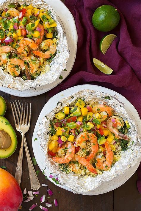 Shrimp And Couscous Foil Packets With Avocado Mango Salsa Cooking Classy