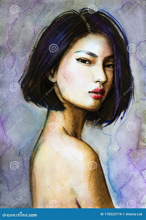 Watercolor Portrait Of Asian Young Woman Hand Drawn Portrait Of Beauty