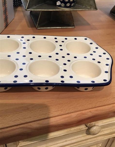 Polish Pottery Muffin Pan White With Blue Dots 14 X 875 X 225