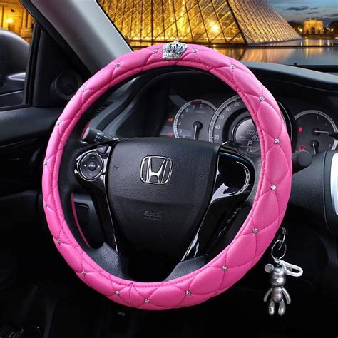 Pink Leather Steering Wheel Cover With Bling Crown Carsoda