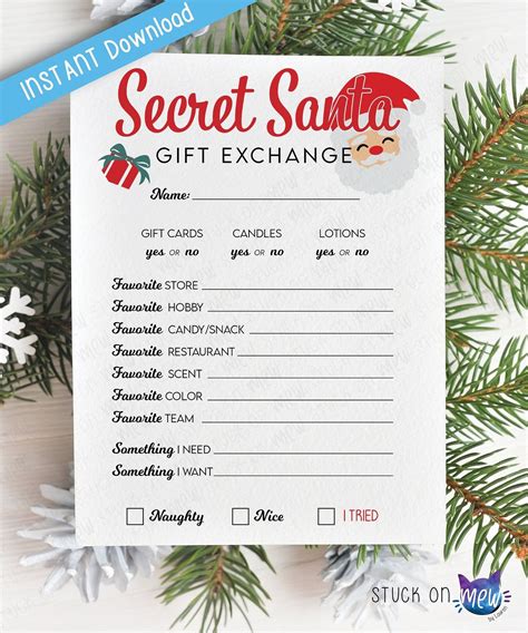 Printable Secret Santa T Exchange Questionnaire Christmas Etsy
