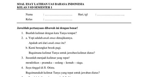 Contoh Soal Bahasa Indonesia Kelas 1 Sd