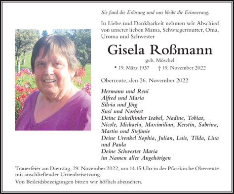 traueranzeigen von gisela roßmann augsburger allgemeine zeitung