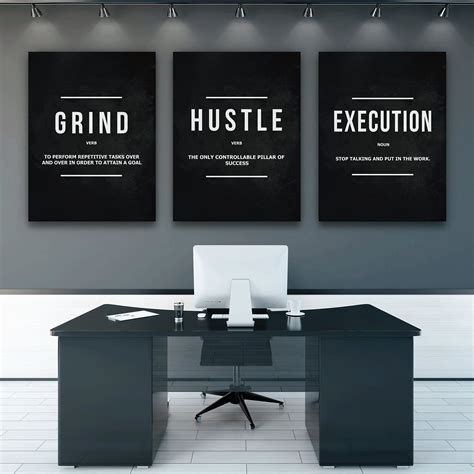 3 Piece Motivational Wall Art Canvas Prints Office Decor Hustle Grind Execution Definitions