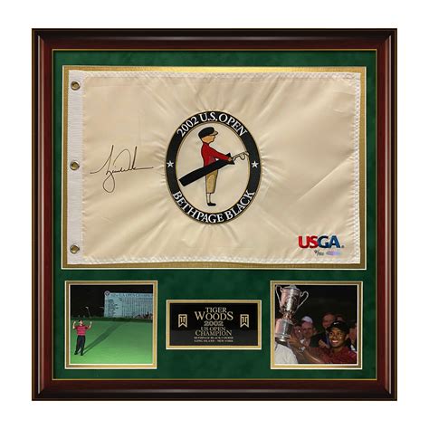 Tiger Woods 2002 Us Open Pin Flag Framed Signed Authentic