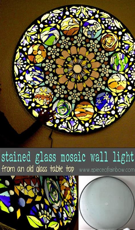 Stained Glass Mosaic Wall Light From Old Glass Table Top And Below It Is An Image Of A Flower Design