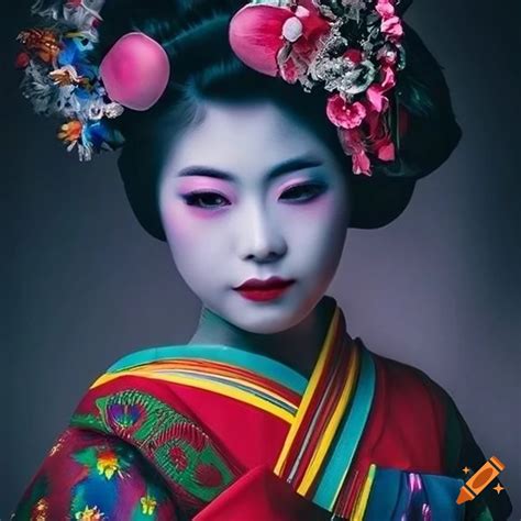 highly detailed hyper realistic image of a psychedelic geisha on craiyon