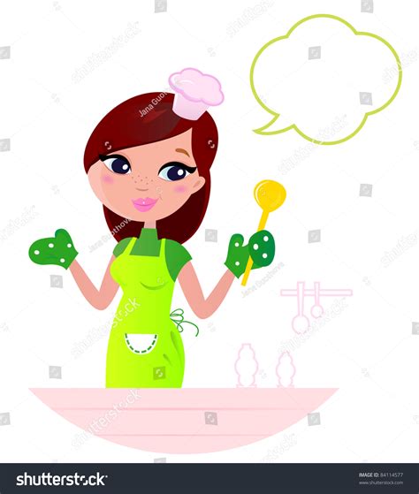 Young Beautiful Woman With Speech Bubble Cooking In The Kitchen Cooking Mother Showing Something