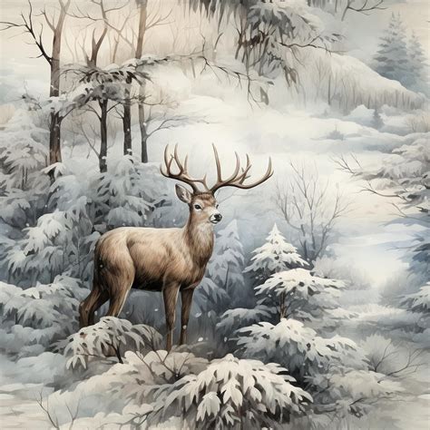 Premium Ai Image Painting Of A Deer In A Snowy Forest With Trees And