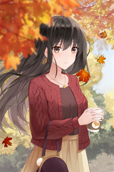 Safebooru 1girl Absurdres Autumn Autumn Leaves Bag Bangs Black Hair Black Shirt Blurry