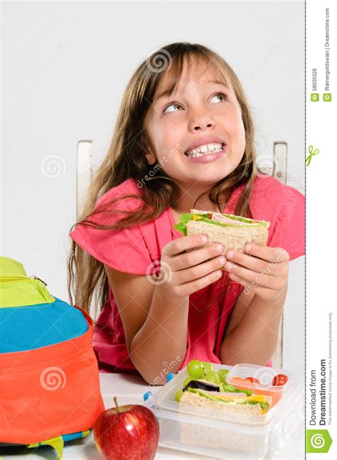 Healthy Packed Lunch Box For Elementary School Girl Stock Photo Image