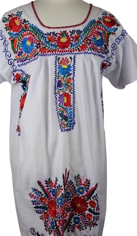 White Above Knee Embroidered Mexican Peasant Mini Dress Meximart