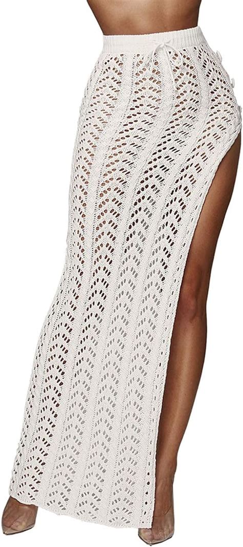 Womens Sexy Crochet Knitted Long Skirt Bathing Suit Cover Ups White