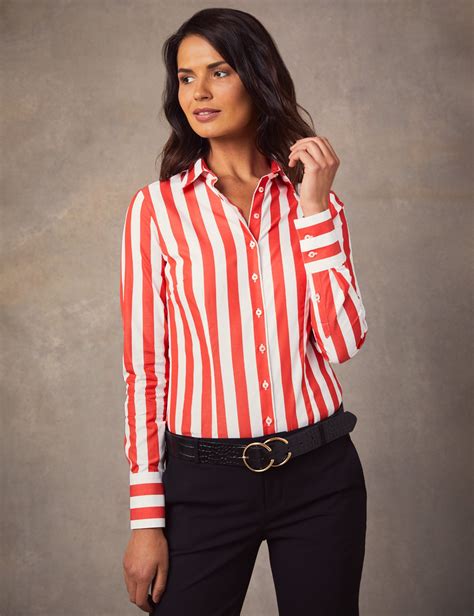 Women S White And Red Wide Stripe Fitted Shirt With Contrast Collar And Cuff Single Cuff Hawes