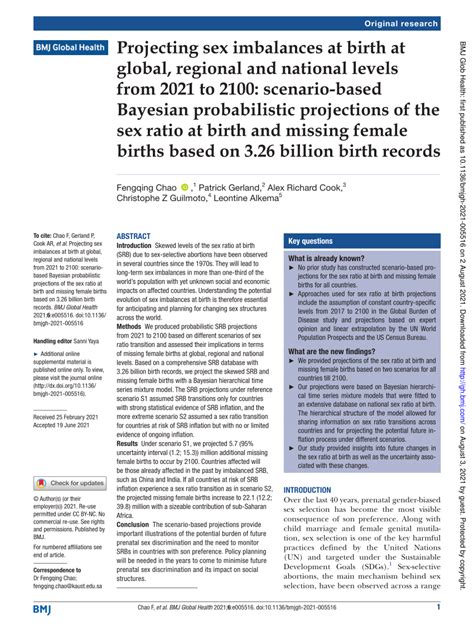 Pdf Projecting Sex Imbalances At Birth At Global Regional And