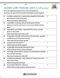 When students first start doing algebraic word problems, the hard part is not solving the equations; Basic Algebra Worksheets