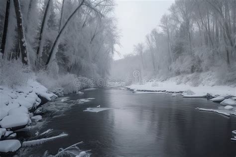 Frozen River With Icicles Hanging From The Trees And Snowflakes