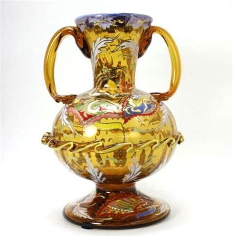 antique moser art deco amber glass 10 vase w enameled flowers applied handles ebay
