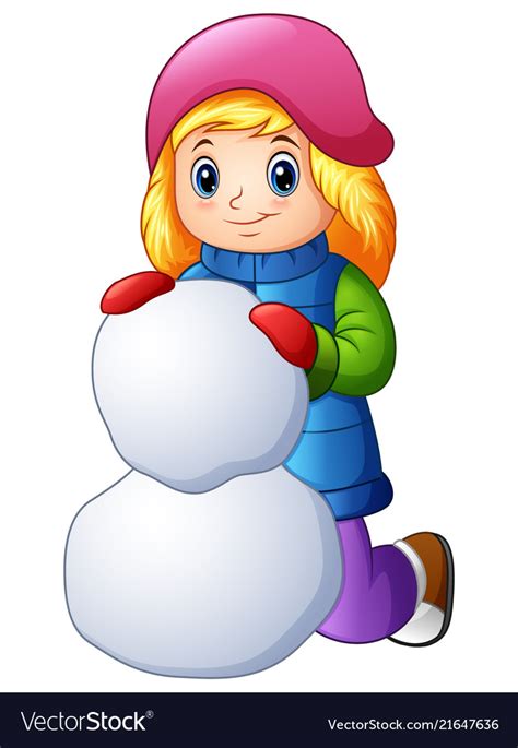 Cartoon Girl In Winter Clothes Making Snowball Vector Image