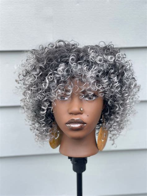 This Beautiful Soft Spiral Curly Synthetic Mixed Black And Gray Wig Is