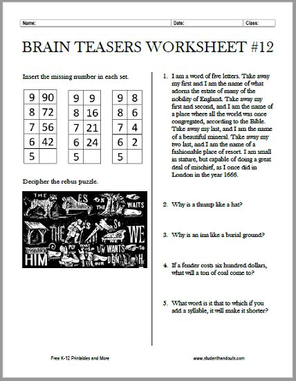 Brain Teasers Worksheet Worksheets For Kindergarten