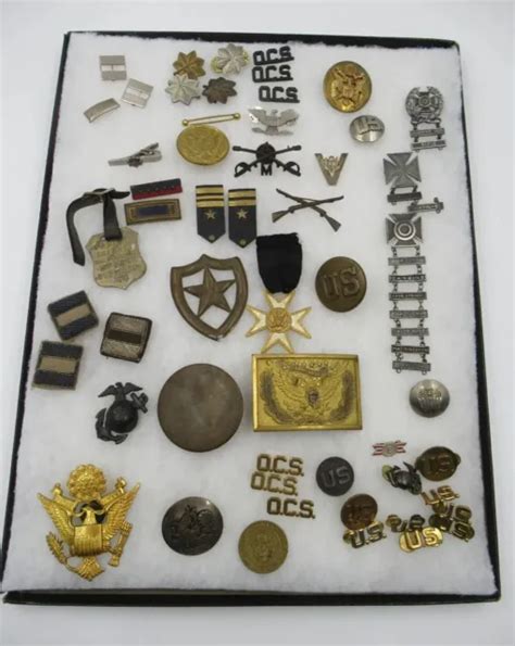 Lot Antique Vintage Us Military Insignia Pins Buckle Patches Bridle