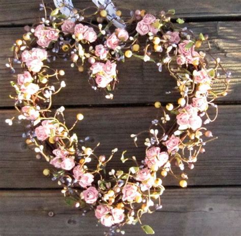 Heart Shaped Wreath Pink Roses And Purple Berries Etsy Heart Shaped
