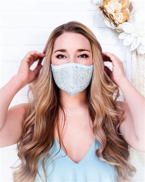Comfortable Breathable Face Mask Light Blue With Ab Crystals