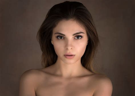 Women Bare Shoulders Face Portrait Simple Background Brown Eyes