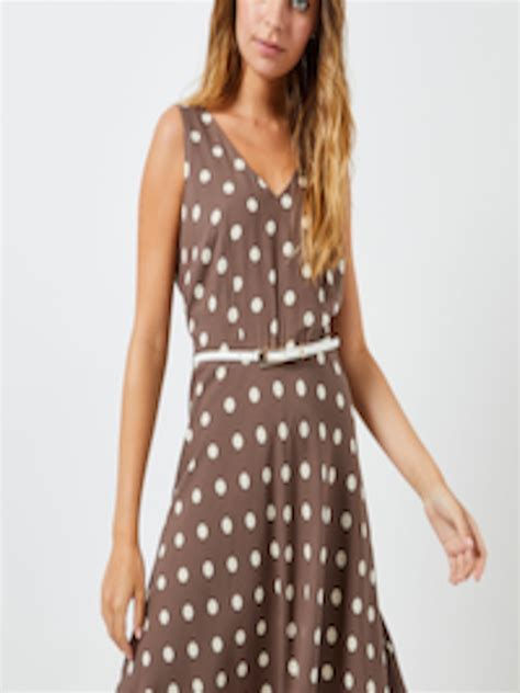 buy dorothy perkins women brown and off white polka dots print fit and flare dress dresses for