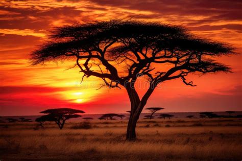African Savannah At Sunset With Acacia Tree In Kenya Africa African