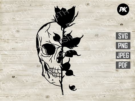 Rose skull svg Skull with Flower svg png pdf jpg Half | Etsy
