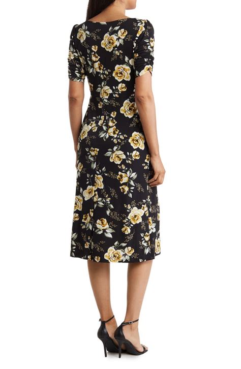 Connected Apparel Floral Print Pucker Sleeve Midi Dress Nordstromrack