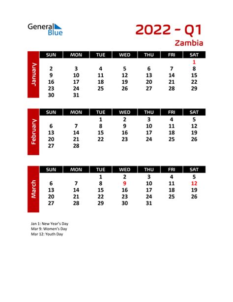 Zambia Calendars With Holidays
