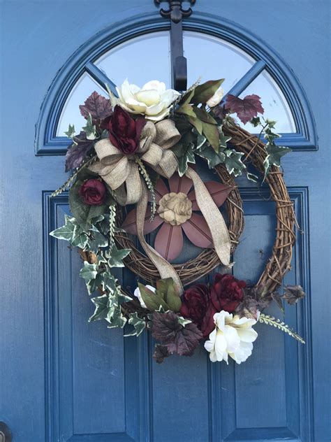 Front Door Wreath With Metal Flower Etsy Metal Flowers Wreaths For