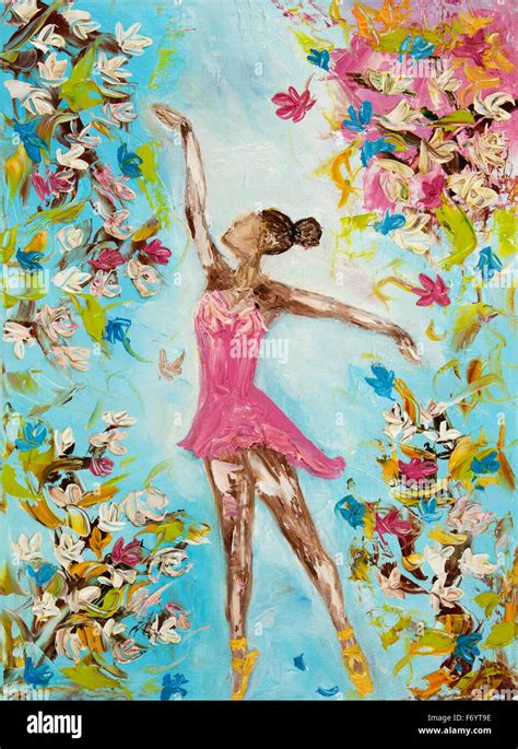 Original Oil Painting Showing Beautiful Female Ballet Dancer Or