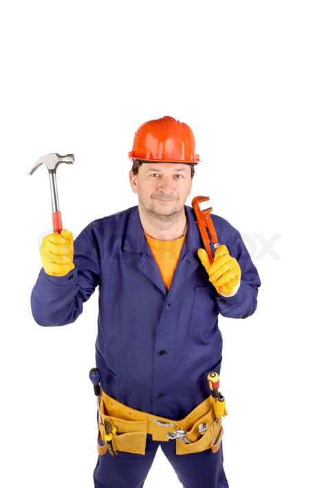Arbeiter In Harten Hut Mit Hammer Und Zange Auf Einem Weißen Backgropund Isoliert Stock Bild
